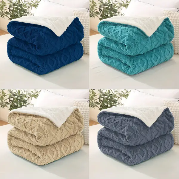 1pc Polyester Sherpa Double-layer Blanket, Wave Pattern Plain Color Double-layer Blanket, Suitable For All Seasons, Warm And Soft, Simple And Stylish Bed Blanket, Suitable For Bedroom, Sofa, Office, Couch Bed