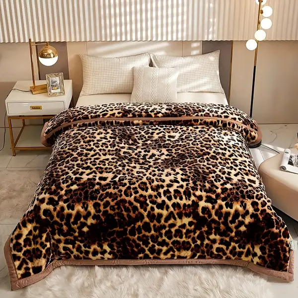 Luxurious Leopard Print Raschel Blanket - Ultra-Soft, Thick & Warm for Cozy Bedroom, Sofa, and Living Room Comfort