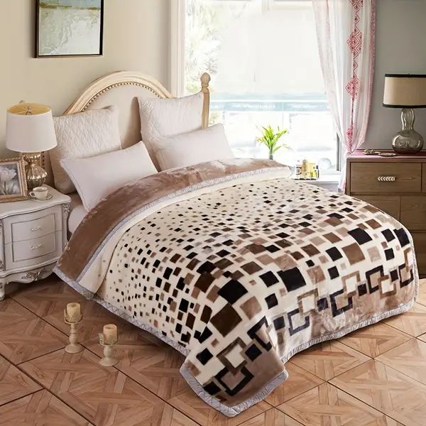 Ultra-Soft Korean Mink Fleece Throw Blanket - Thick, Reversible & Warm for Bed, Sofa, and Travel - Machine Washable with Geometric Design