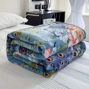 1pc 300g High-weight Thick Coral Velvet Blanket Colorful Feather Peacock Floral Thick Milk Velvet Blanket Plush Nap Blanket Office Blanket Warm Plus Velvet Blanket Sheet