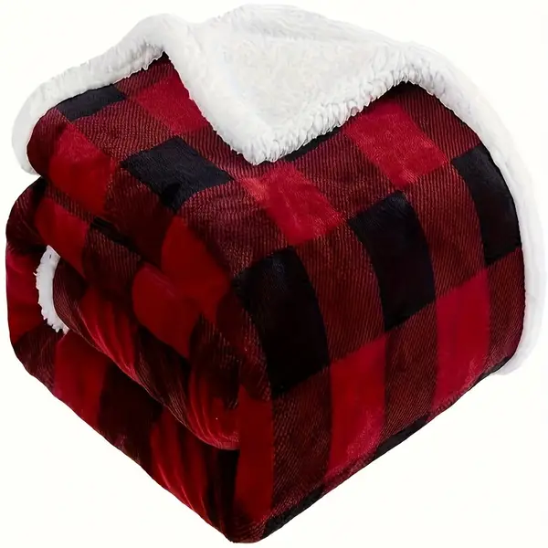 Cozy Sherpa Fleece Buffalo Plaid Christmas Blanket - Soft, Warm & Lightweight Throw for Sofa, Bed, and Camping - Black & Red Checkered Pattern, Perfect for All Seasons